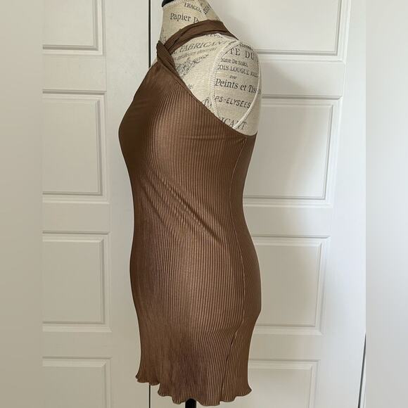 Song of style revolve pleated cross front Pluto mini dress bronze brown size XS - Picture 3 of 9